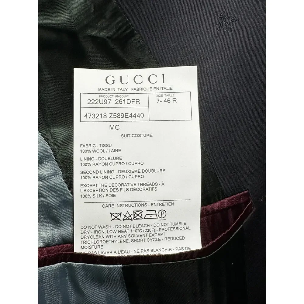 Gucci Monaco Bee Embroidered Wool Gabardine Navy 2 Piece Suit Size 46R Italy
